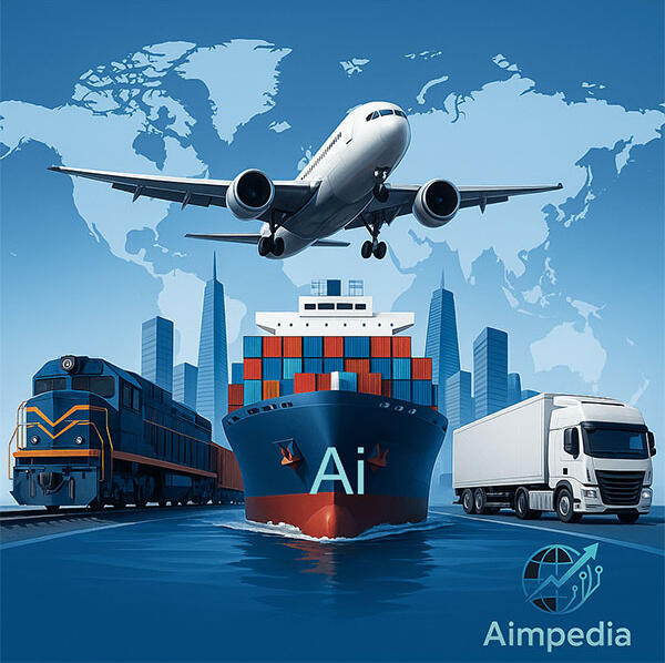 An image showing a plane, cargo ship, train and truck labeled "AI" against a world map symbolizing global AI in transportation.